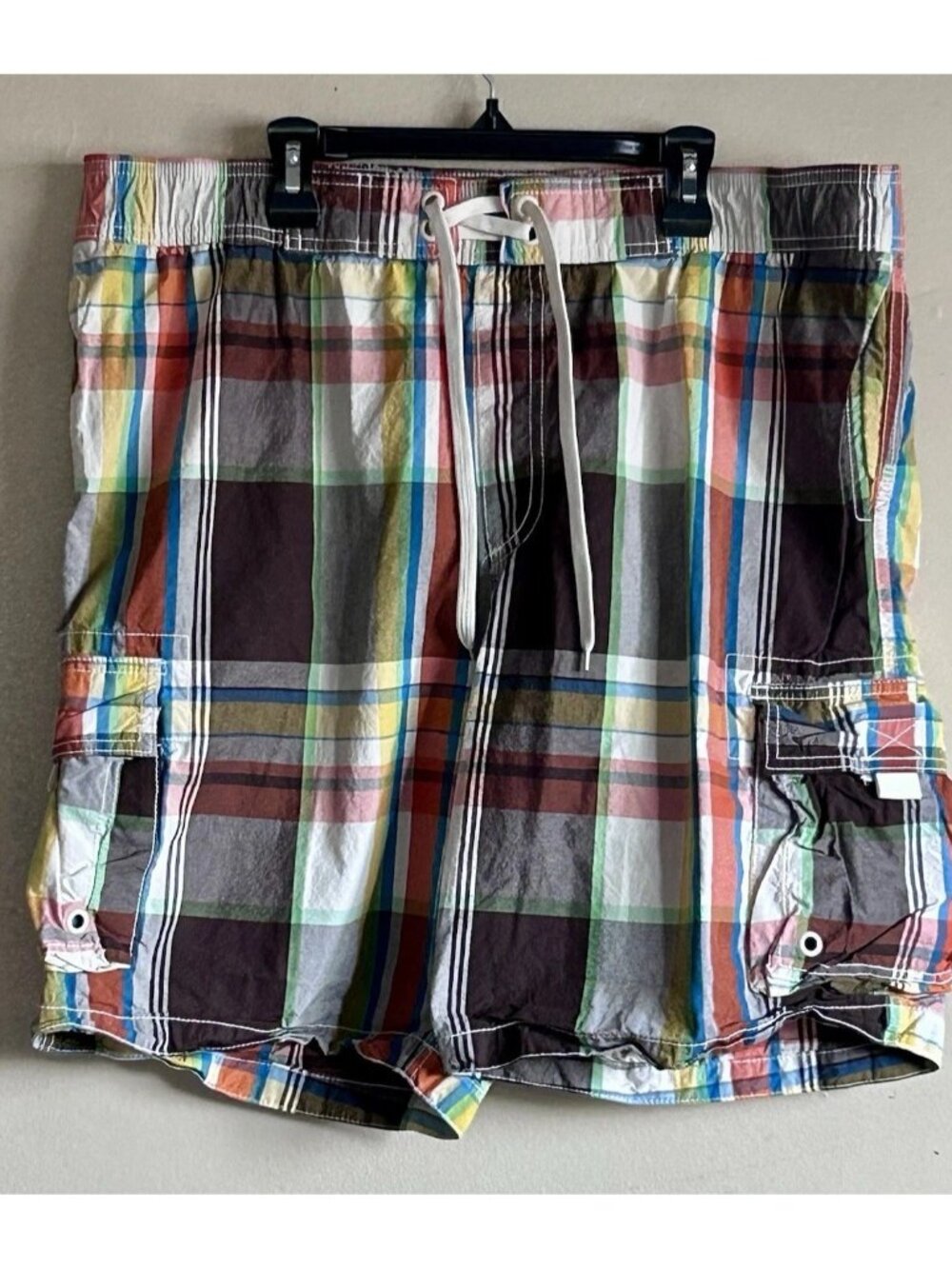 Old Navy Size L Plaid Check Brown Orange Swim Men Blue Beach Pool Shorts